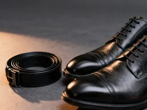 Stylowe okulary z żółtymi szkłami leżące na drewnianym stole na tle nadmorskiej drogi w blasku zachodzącego słońca.