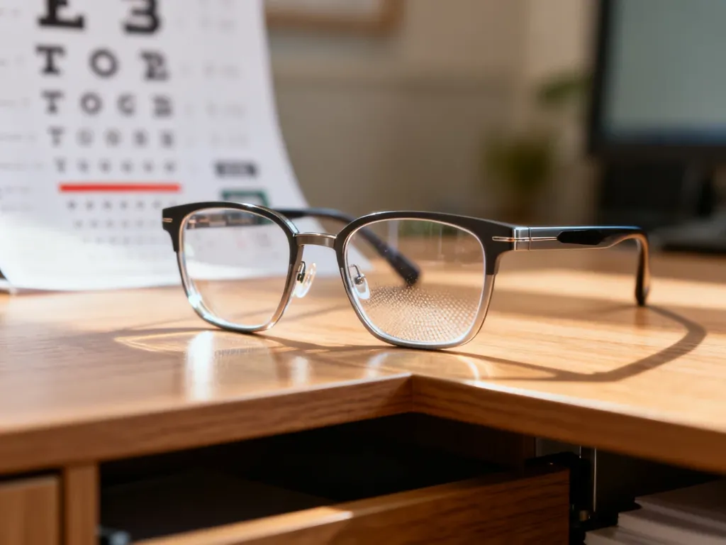 Stylowe okulary korekcyjne leżące na drewnianym biurku obok tablicy do badania wzroku.