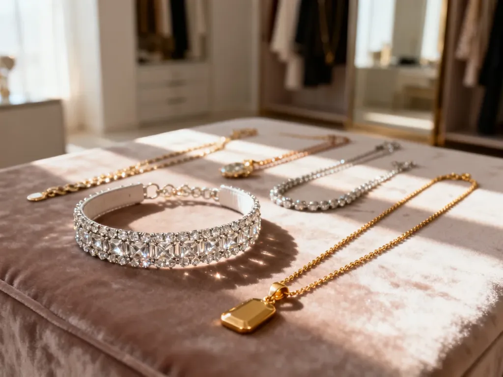 Eleganckie naszyjniki z diamentami i złotem wyeksponowane na aksamitnym tle, idealne jako dodatek do sukienki bez ramiączek.