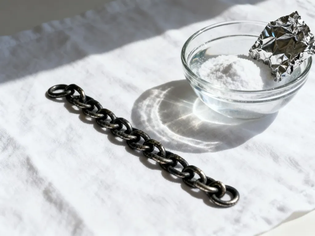 Zmatowiały czarny łańcuszek obok miseczki z roztworem sody oczyszczonej i folią aluminiową, przygotowany do domowego czyszczenia.