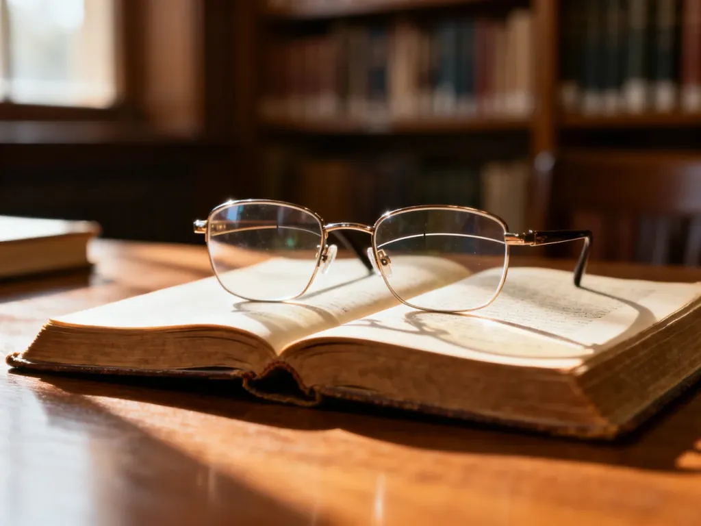 Okulary dwuogniskowe z widoczną linią podziału soczewki leżące na otwartej książce, symbolizujące komfort czytania.