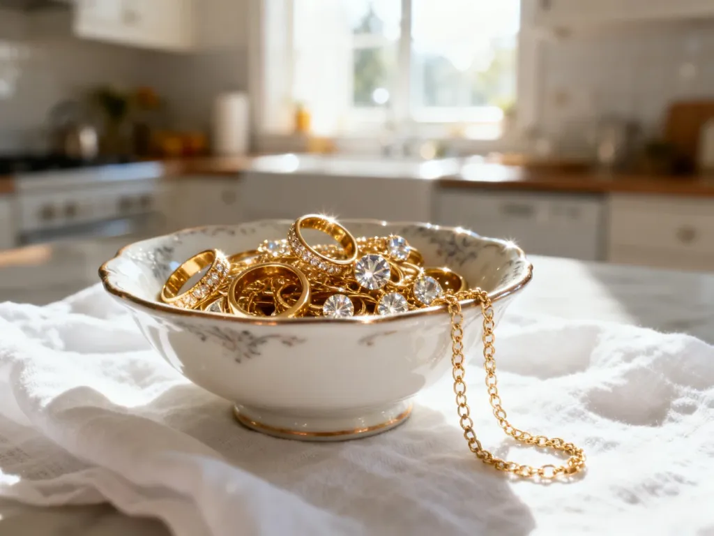 Elegancka porcelanowa miseczka wypełniona lśniącą, wyczyszczoną złotą biżuterią na białym lnianym materiale.