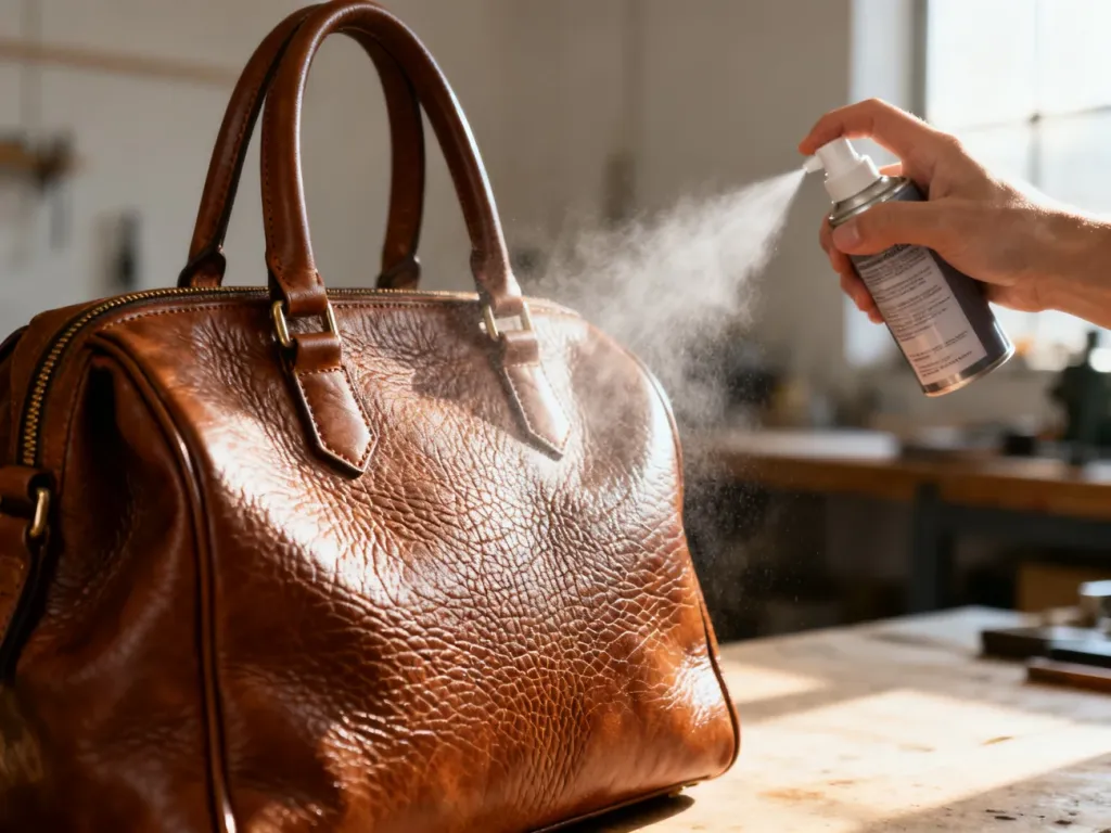 Profesjonalny spray impregnujący nanoszony na powierzchnię skórzanej torebki, podkreślający jej naturalną strukturę.