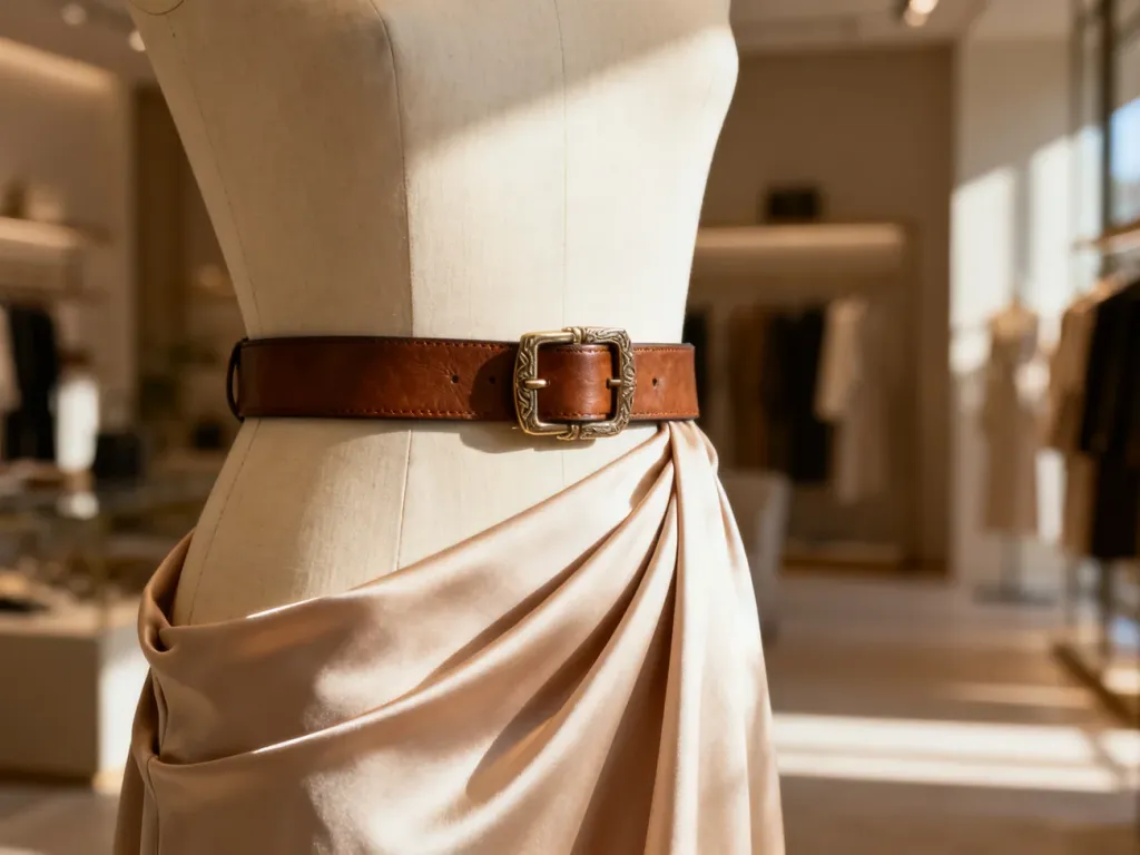 Elegancki skórzany pasek zapięty na minimalistycznej jedwabnej sukience, podkreślający talię i stylizację.