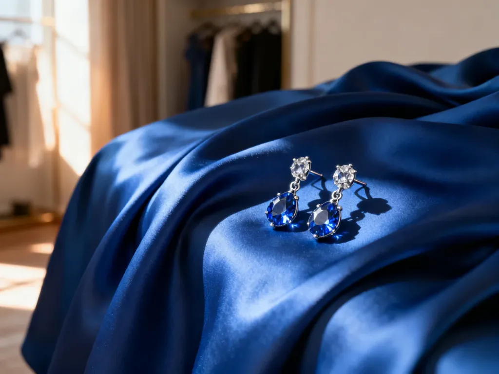 Eleganckie srebrne kolczyki z szafirowymi kryształami na tle chabrowego jedwabiu, idealnie dopełniające stylizację.