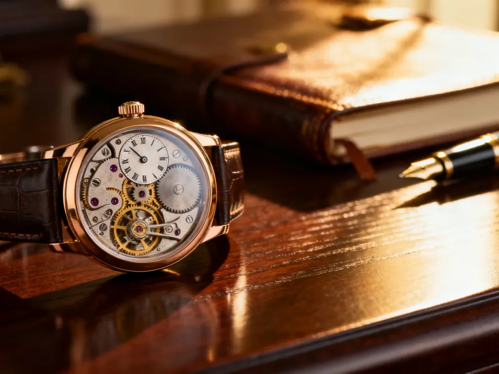 Luksusowy zegarek mechaniczny z widocznym mechanizmem na mahoniowym biurku, podkreślający elegancję i precyzję wykonania.
